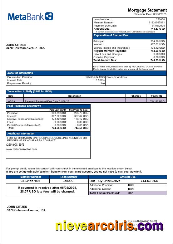 USA Washington Metabank mortgage statement